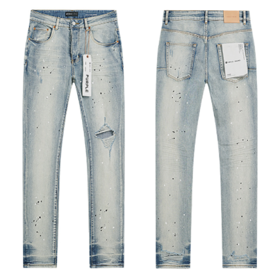 Light Blue Washed Slim Denim Jeans with Paint Splatter and Knee Distressing